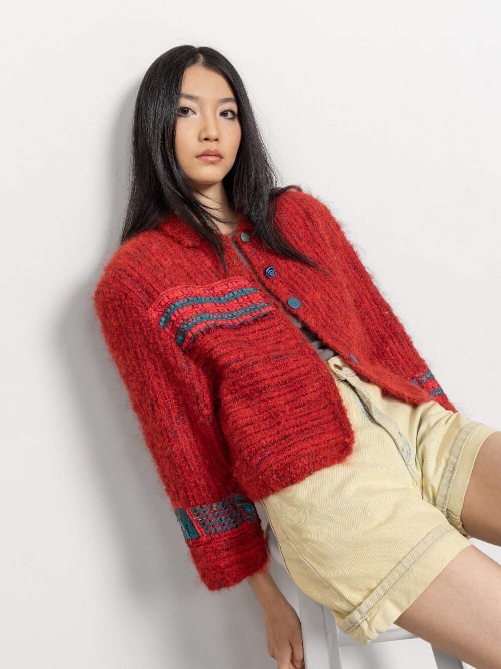 Vintage 90s Mohair Cropped Blazer: Red Woven Stripe Jacket, S/M